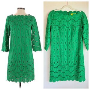 Catherine Malandrino Kelly Green Embroidered 3/4 Sleeve Boatneck Shift Dress XS